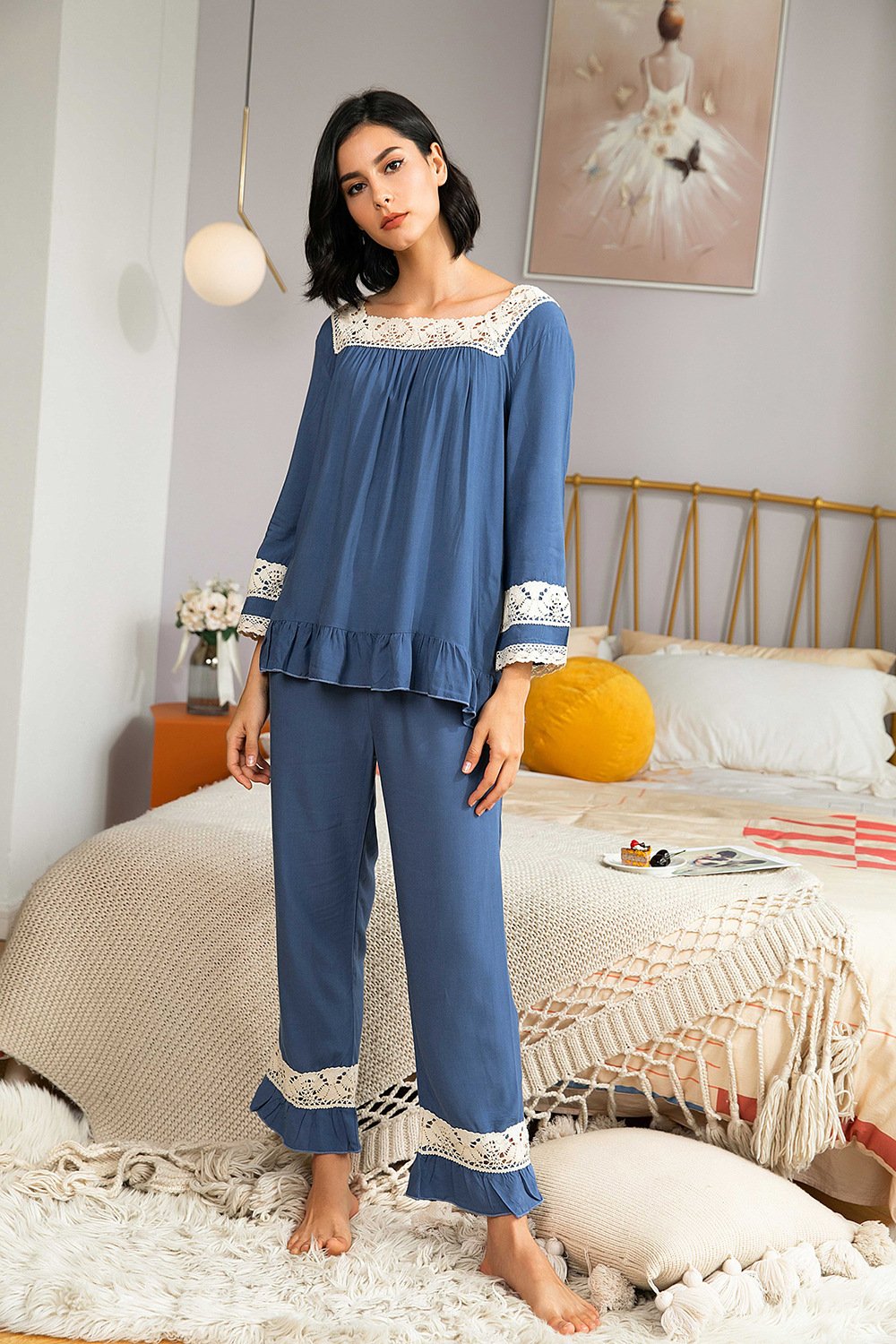 New Casual Solid Color Lace Stitching Home Wear For Autumn And Winter