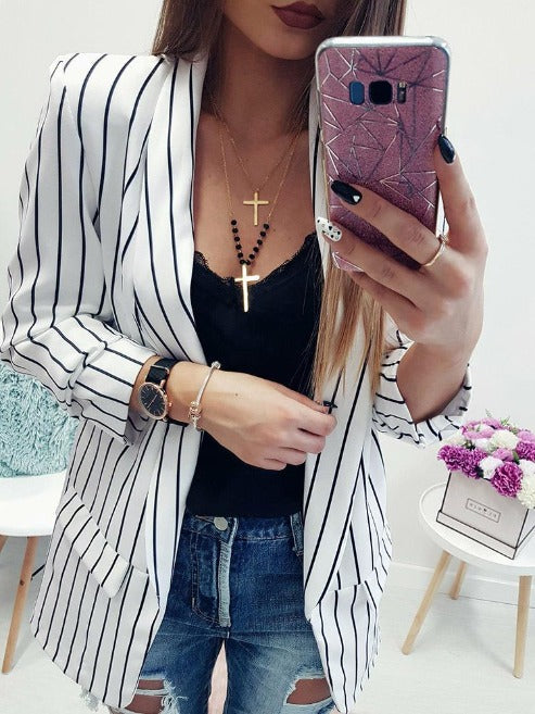 Fashion Cotton Stripe Shawl Collar Long Sleeve Blazer