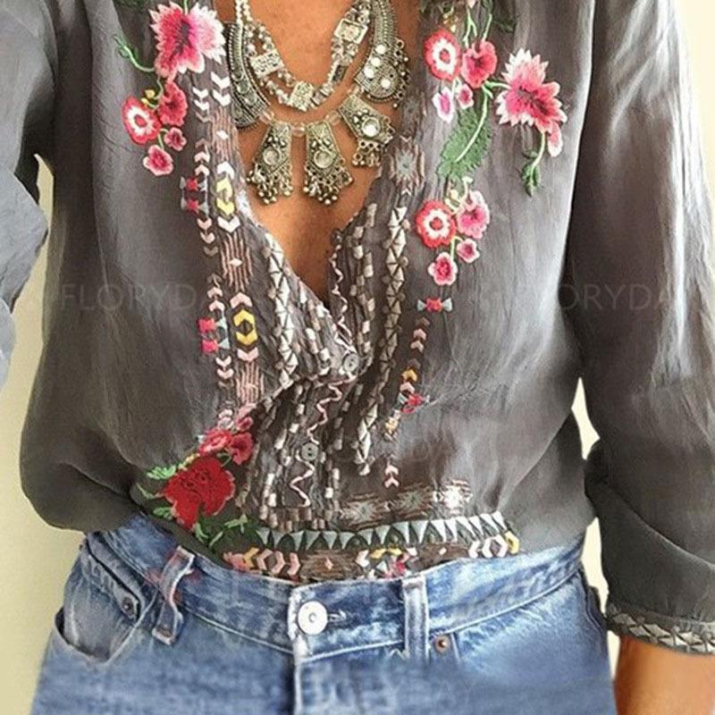Fashion Embroidered Floral Shirt V-neck Loose Long-sleeved Blouse