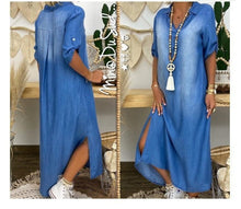 Load image into Gallery viewer, Bohemian Shift Shirt Collar Half Sleeve Denim Solid Color Split Ankle Length Denim Dress
