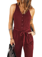 Load image into Gallery viewer, Women&#39;s Summer Sleeveless Solid Color V-Neck Waist Tie Jumpsuit

