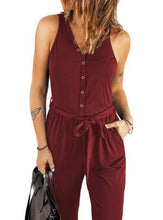 Load image into Gallery viewer, Women&#39;s Summer Sleeveless Solid Color V-Neck Waist Tie Jumpsuit
