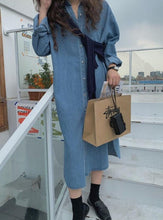 Load image into Gallery viewer, Caual Shirt Collar Solid Color Denim Mid-calf Long Sleeve Dress
