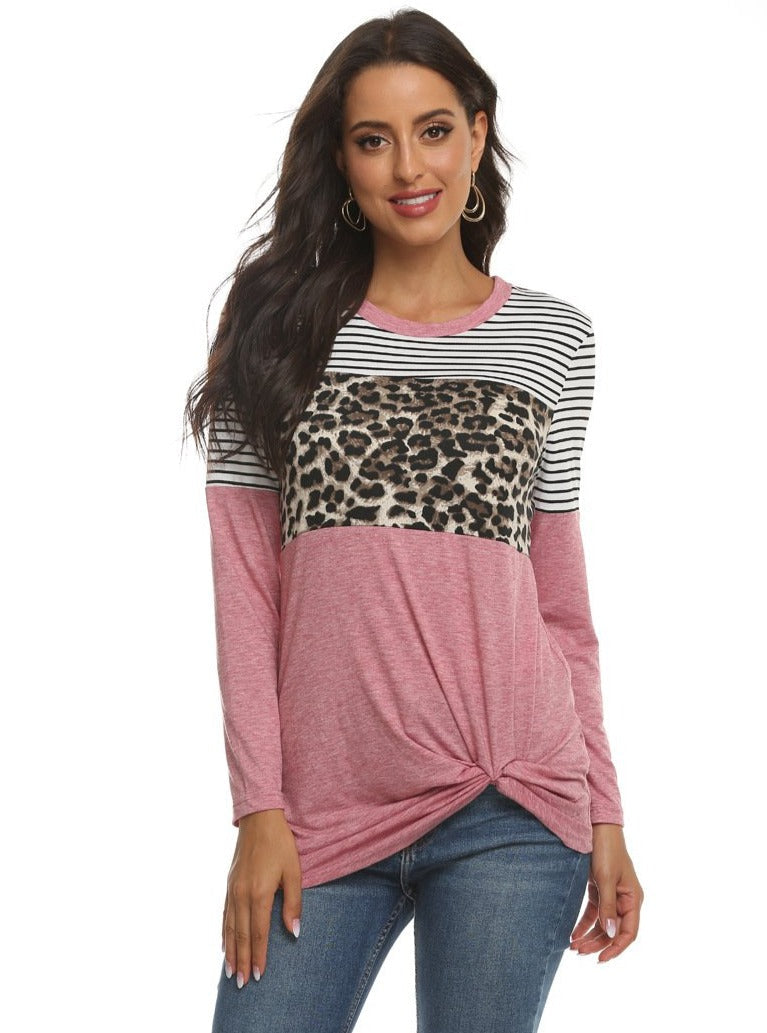 Cotton Blended Leopard Long-sleeved T-shirt Stand Alone Base
