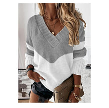 Load image into Gallery viewer, Pullover V-neck Loose Sweater Color-blocking Women&#39;s Knit Sweater
