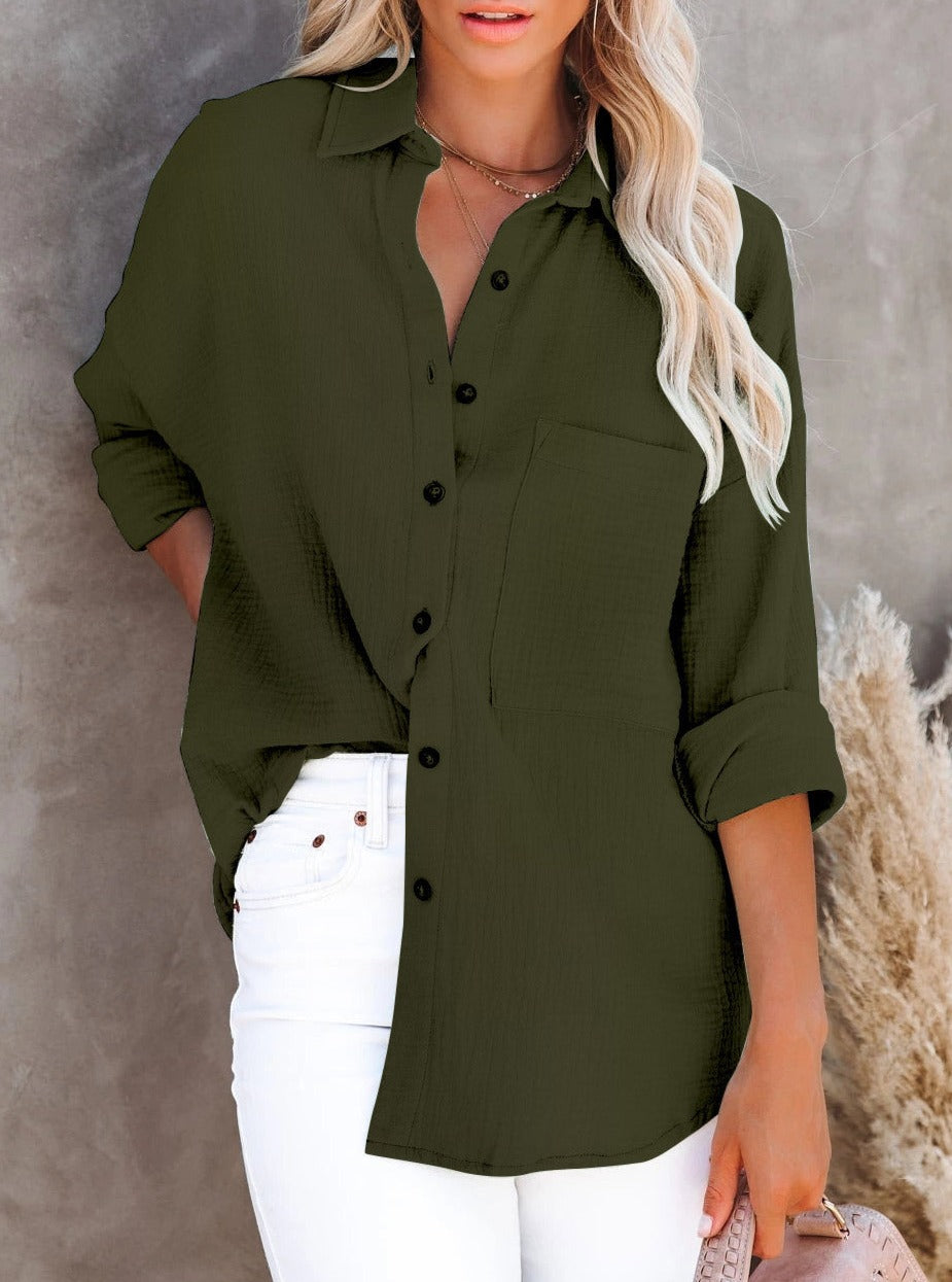 Simple Long-sleeved V-neck Button Ladies Cotton And Linen Shirt