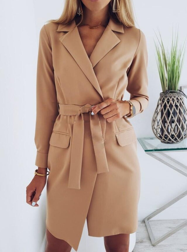 Elegant Polyester Fiber Solid Color Lapel Collar Long Sleeve Strap Slim Blazer for Women