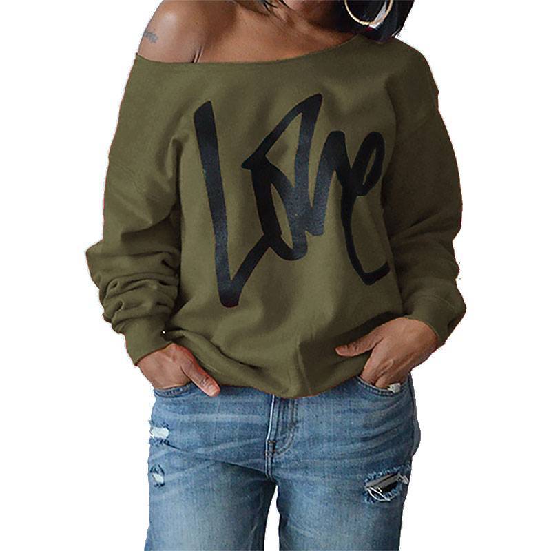 Women's Letter Love Print Sexy Leaky Off Shoulder Long Sleeve Tees