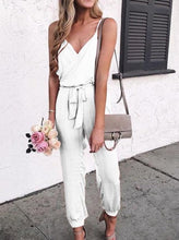 Load image into Gallery viewer, Western Polyester Plain Color V-neck Sleeveless Belt Jumpsuit
