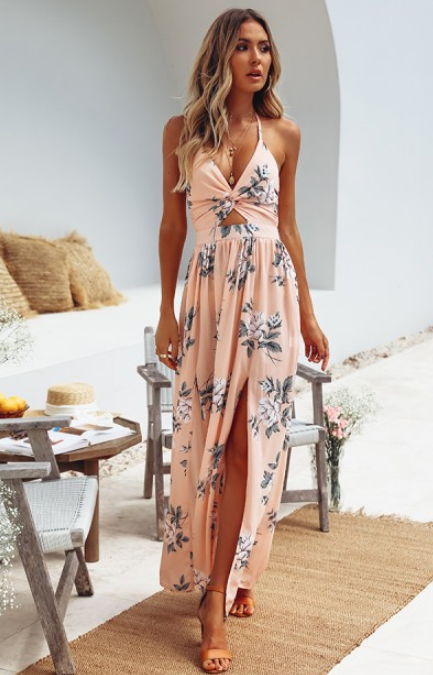 Beach A-line Halter Sleeveless Chiffon Solid Color Strappy Ankle Length Summer Dress