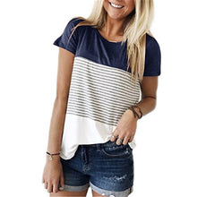 Load image into Gallery viewer, Cotton Striped Round Neck Regular Patchwork Casual Loose Standard T Shirt
