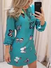 Load image into Gallery viewer, Fashion Butterfly Print V-neck tie Lantern Sleeve Dress
