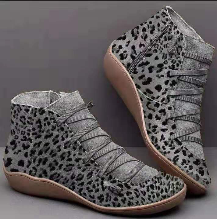 Casual Flock Leopard Round Head Wedge Heel Zipper Women's Boots