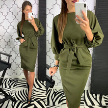 Load image into Gallery viewer, Round Neck Long Sleeve Knee-length Dress With Belt
