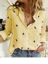 Load image into Gallery viewer, Stylish Cotton and Linen Bird Pattern Shirt Collar Long Sleeve Blouse
