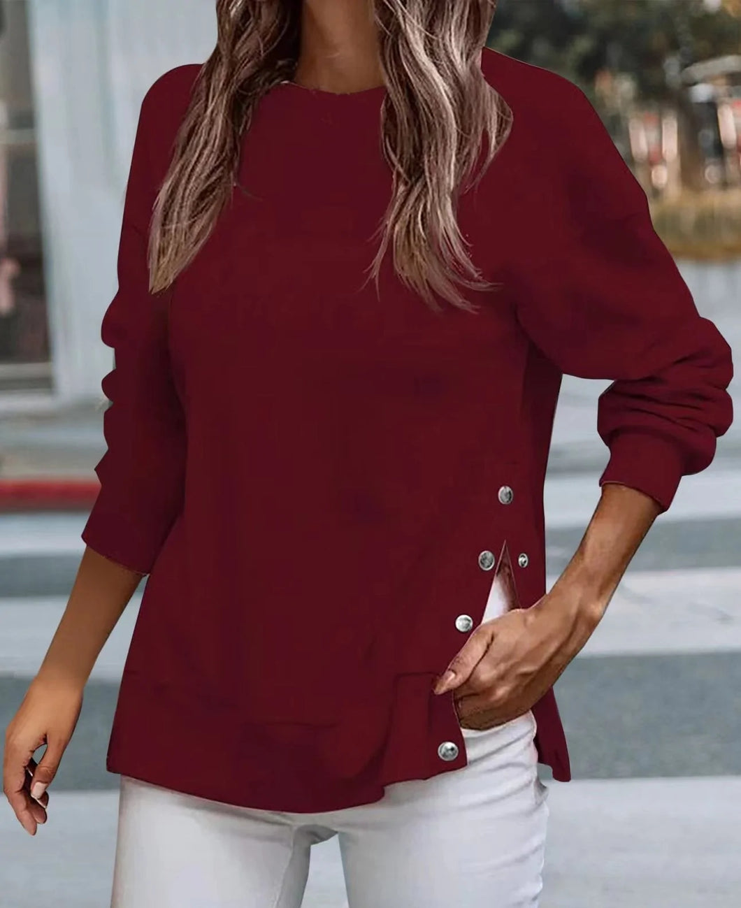 Fashion Cotton Solid Color Round Neck Buttoned Pullover Sweatshirt For Women