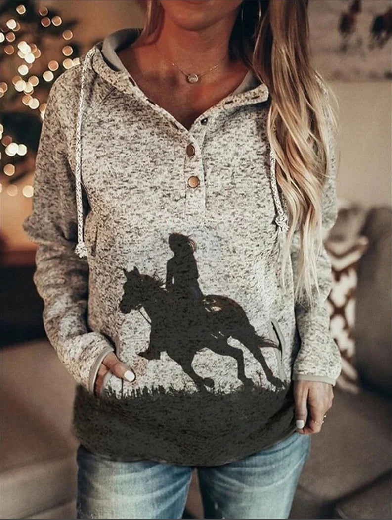 Women's Casual Cotton Blend Printed Buttoned Loose Pullover Hoodie