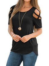 Load image into Gallery viewer, Color Cotton Casual Worn Hole Shoulder Tie T-shirt Woman
