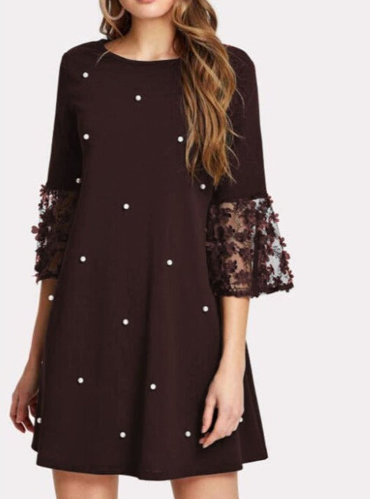 Large Size Polka Dot Flower Sleeve Solid Color A-line Casual Loose Dress