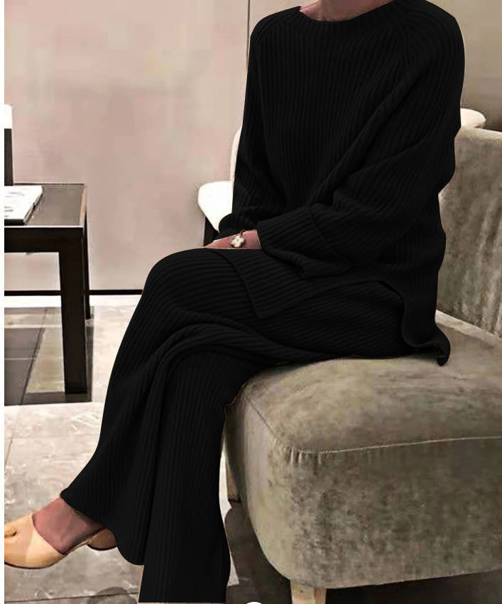 Two Pieces Of Long-Sleeved Solid Color Knitted Casual Pants Suit
