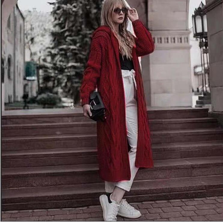 Hooded Long Knitted Cardigan Sweater