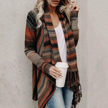 Load image into Gallery viewer, Mid-length Slim Fashion Tassel Striped Cardigan Sweater
