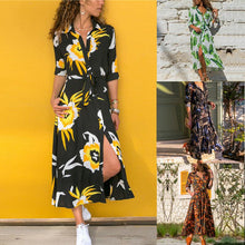 Load image into Gallery viewer, Sexy A-line Shirt Collar Long Sleeve Polyester Floral Button Mid-calf Summer Dress
