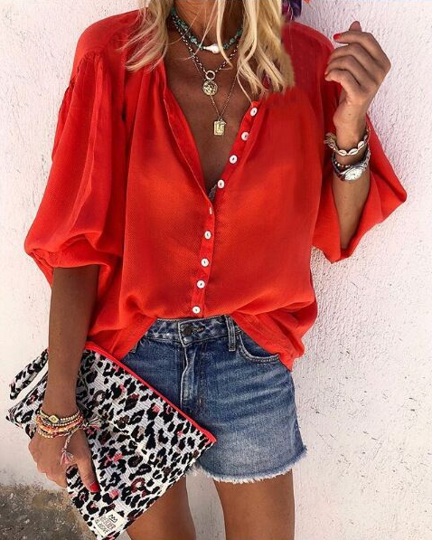 Casual Loose Solid Color V-neck Button Blouse