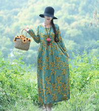 Load image into Gallery viewer, Linen Cotton 3/4 Sleeve Round Neck Maxi Dress
