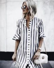 Load image into Gallery viewer, Women&#39;s Striped Shirt Horn Sleeve Shirt Dress
