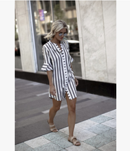 Load image into Gallery viewer, Women&#39;s Striped Shirt Horn Sleeve Shirt Dress
