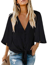 Load image into Gallery viewer, Modern Polyester Plain V-neck 3/4 Sleeve Tie Front Blouse
