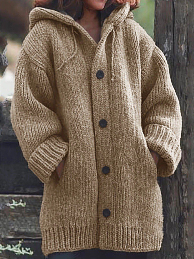 Mid-length Sweater Solid Color Button Cardigan with Hood