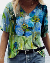 Charger l&#39;image dans la galerie, &lt;transcy&gt;Coton Floral Col V Motif Régulier Doux T-shirt Standard Lâche&lt;/transcy&gt;
