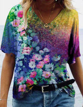Charger l&#39;image dans la galerie, &lt;transcy&gt;Coton Floral Col V Motif Régulier Doux T-shirt Standard Lâche&lt;/transcy&gt;
