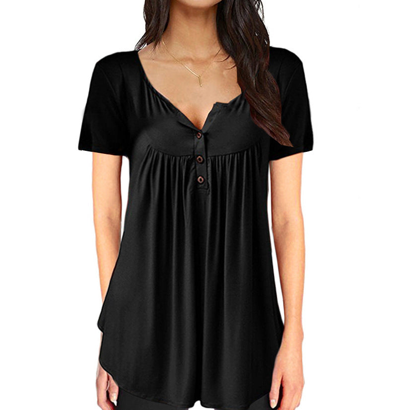 Solid Color Pleated Button Loose Short Sleeved T Shirt Women's Top