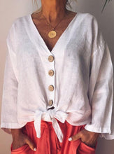 Charger l&#39;image dans la galerie, &lt;transcy&gt;Chemise à manches longues pour femmes Casual coton lin Sexy col en V ourlet boutonné haut tunique&lt;/transcy&gt;
