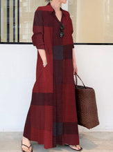Load image into Gallery viewer, Cotton And Linen Hidden Grid Printing Lapel Long Sleeve Loose Casual Long Shirt Dress
