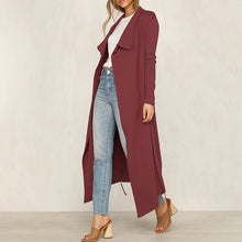 Load image into Gallery viewer, Women Lapel Collar Solid Color Cardigan Style Long Windbreaker
