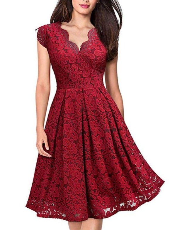 Elegant V-neck Sleeveless Plain Lace Semi Dress