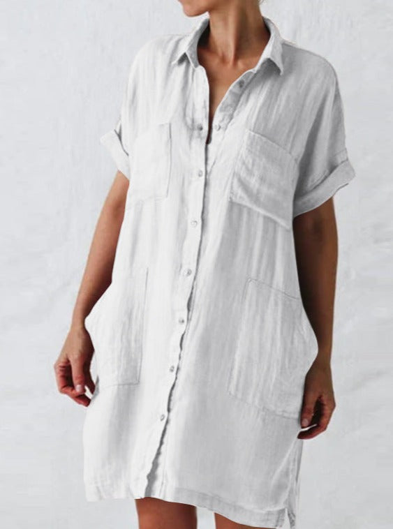 Cotton And Linen Long Sleeve Dress With Irregular Pockets