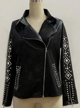 Load image into Gallery viewer, Fashion Leather Plain Color Lapel Long Sleeve Rhinestone Jacket for Women
