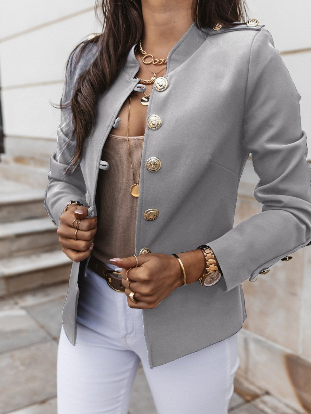 Stylish Cotton Plain Color Stand Collar Long Sleeve Single Breasted Blazer for Women