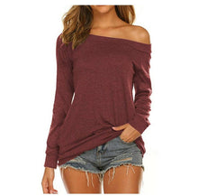 Load image into Gallery viewer, Cotton Plain Boat Neck Cold Shoulder Straight Long Sleeve T Shirt
