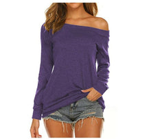 Load image into Gallery viewer, Cotton Plain Boat Neck Cold Shoulder Straight Long Sleeve T Shirt
