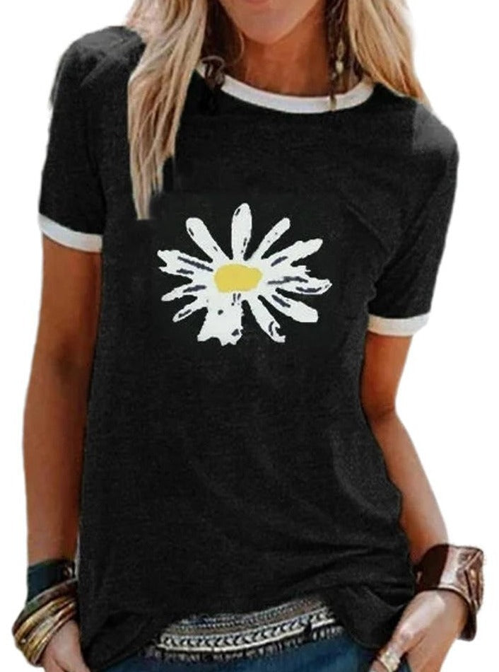 Cotton Floral Round Neck Regular Sleeve Daisy Pattern Fashion Straight Standard T Shirt