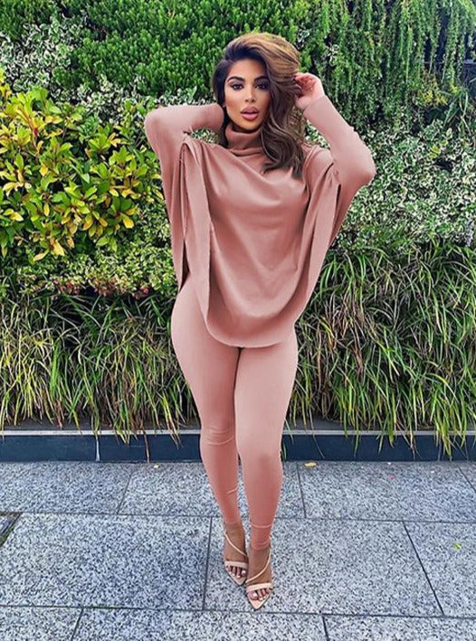 Casual Polyester Plain Turtleneck Batwing Sleeve Blouse & Long Pant Suits