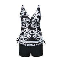 Load image into Gallery viewer, Simple Bikini Split Digital Printing Black Bottom White Flower Swimsuit Floral Conservative Tankini Swimsuit
