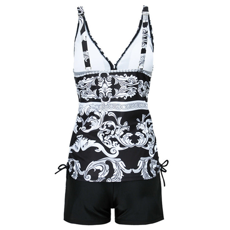 Simple Bikini Split Digital Printing Black Bottom White Flower Swimsuit Floral Conservative Tankini Swimsuit