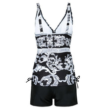 Load image into Gallery viewer, Simple Bikini Split Digital Printing Black Bottom White Flower Swimsuit Floral Conservative Tankini Swimsuit

